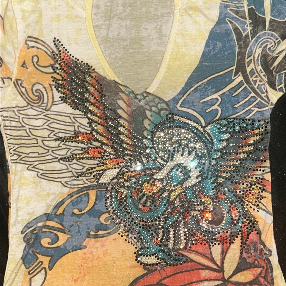 Embellished V-Neck Graphic Hoodie Tee - Picture 2 of 13
